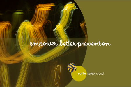 Abstract yellow light streaks on an olive background with text: empower better prevention and Corily Safety Cloud, leveraging safety culture and data analytics.