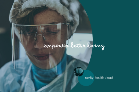 A healthcare worker in PPE stands beside the Corily Health Cloud logo and the text Empower Better Living, highlighting COVID-19 Exposure Surveillance.