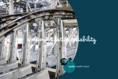 Rows of metal frames in a factory highlight Supplier Management with the text empower better reliability and Cority Health Cloud logo.