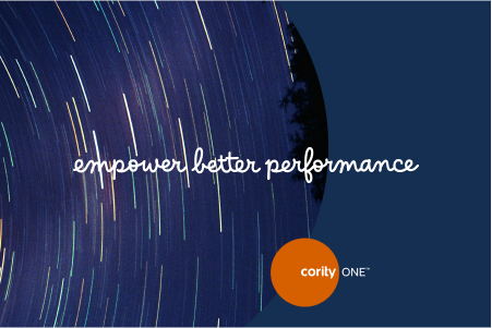 Star trails with the text empower better performance highlight EHSQ leaders and Cority ONE logo on a dark blue background.
