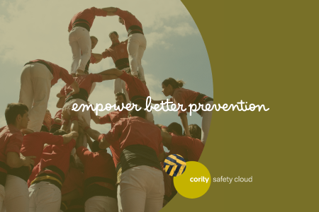 People form a human tower with the text empower better prevention and Cority Safety Cloud, highlighting a Proactive Incident Management Program on a green background.