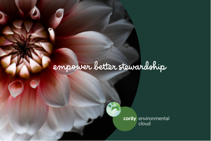 Close-up of a pink and white flower with the text empower better stewardship, Cority logo, and a nod to what every EHS professional should know about ESG.