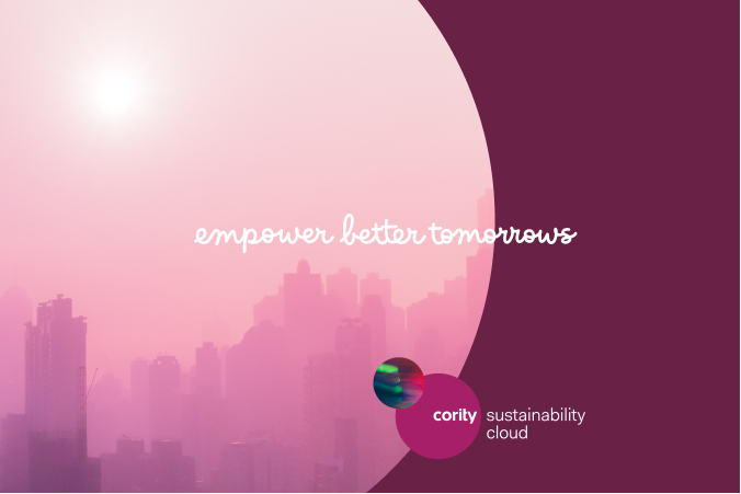 Pink city skyline at sunrise with the text Empower Better Tomorrows, highlighting Cority Sustainability Cloud and its ESG management solutions.