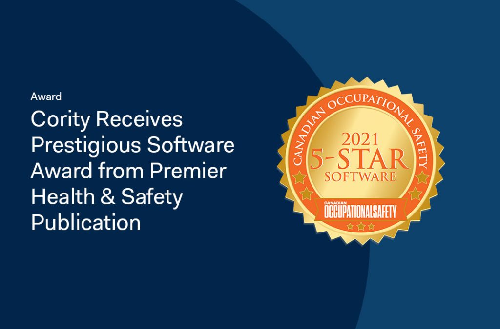 Cority wins 2021 5-Star Software Award from Canadian Occupational Safety, recognizing excellence in Health & Safety, as shown by gold badge on a blue background.