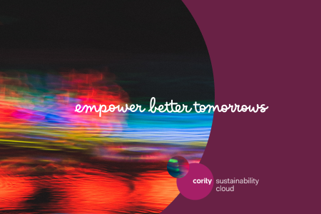 Colorful abstract lights with the text empower better tomorrows and Cority Sustainability Cloud on a purple overlay, highlighting an effective sustainability program.