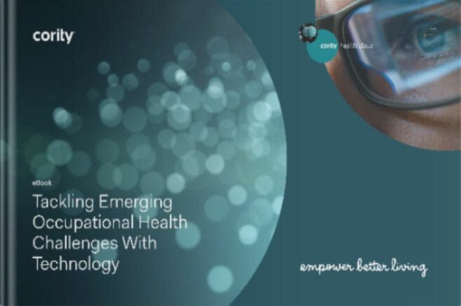 Cority eBook cover: Tackling Emerging Occupational Health Challenges With occupational health technology, featuring blurred circles and glasses.