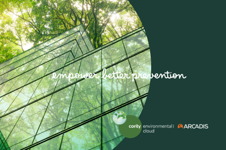 Glass building reflecting trees with the text empower better prevention and Cority and Arcadis logos, highlighting EHS software as the blueprint to reality for global implementation.