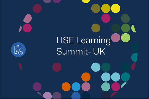 A circular pattern of colorful dots surrounds the text: HSE Learning Summit—UK, set against a dark blue background.