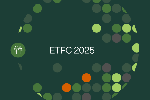 Text ETFC 2025 surrounded by multicolored dots on a dark green background with a tree icon on the left, representing the Environmental Trade Fair and Conference.