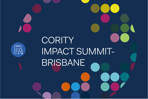 Vibrant circles on a dark blue background highlight the Cority Impact Summit-Brisbane, celebrating innovation and collaboration with Cority.