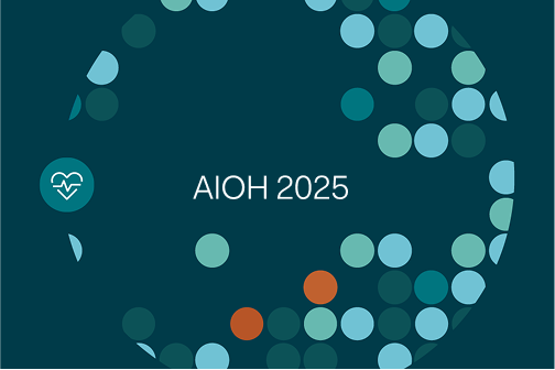 Dark teal background with colorful dots forming a circle, text in center reads AIOH 2025, heart icon on left.