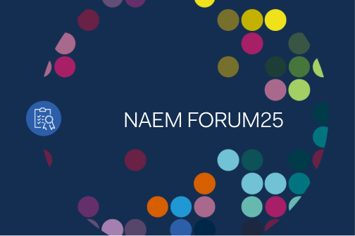 Colorful circles and NAEM FORUM25 text on a navy blue background with a clipboard icon on the left.