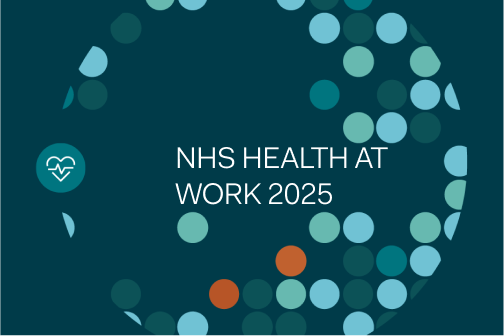 NHS Health at Work 2025 text is surrounded by teal and orange circles on a dark background, highlighting NHS 2025 themes visually.