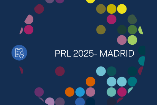 Colorful circles surround the PRL 2025 - MADRID text on a dark blue background, highlighting Madrid’s role, with a clipboard icon on the left.