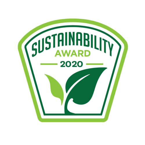 A green and white badge-shaped emblem with the text Sustainability Award 2020 above two green leaves, symbolizing environmental achievement.