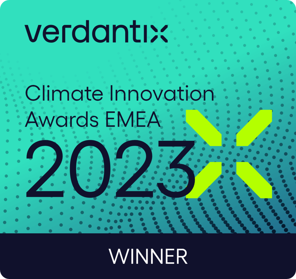 Verdantix Climate Innovation Awards EMEA 2023 Winner badge with green and dark blue colors, stylized X, and dotted circular pattern in the background.