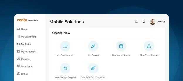 A computer screen displays the Cority Mobile Solutions dashboard for EHS, with options to create a new questionnaire, sample, appointment, event report, change request, or COVID-19 vaccine record. The user profile icon is visible.