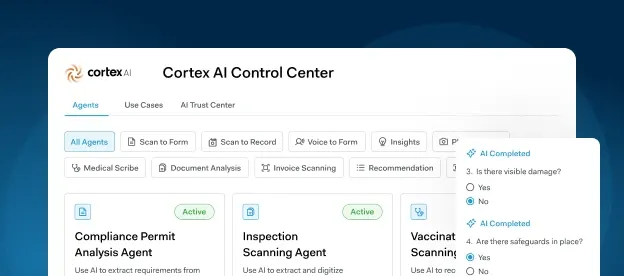 Screenshot of the Cortex AI Control Center interface displaying agent categories, active agent cards, and a dropdown checklist with EHS questions and yes/no answer options for managing Sustainability Products.